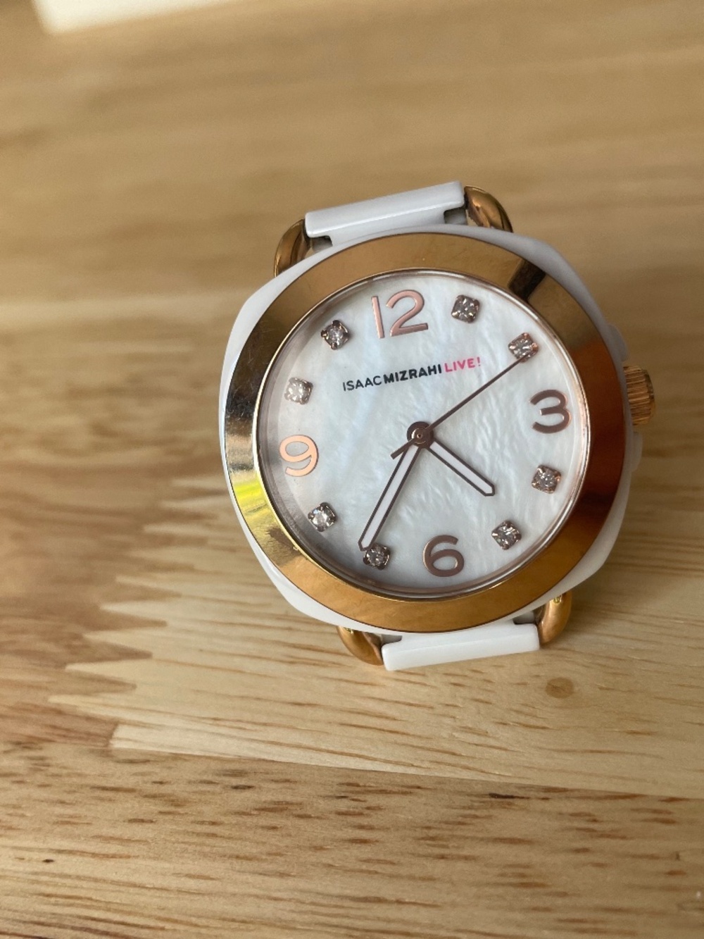 Isaac Mizrahi White Ceramic Watch Gold Trim Rhinestone Markers